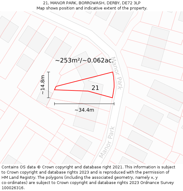 21, MANOR PARK, BORROWASH, DERBY, DE72 3LP: Plot and title map