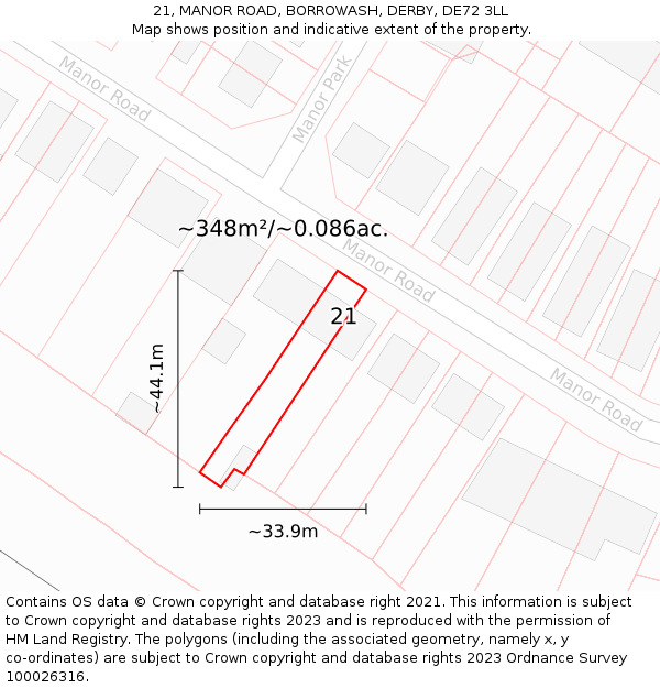 21, MANOR ROAD, BORROWASH, DERBY, DE72 3LL: Plot and title map