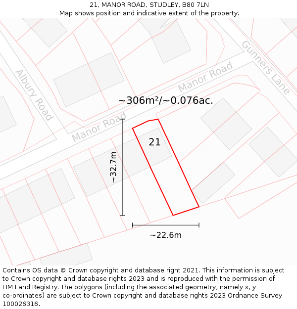 21, MANOR ROAD, STUDLEY, B80 7LN: Plot and title map