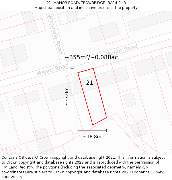 21, MANOR ROAD, TROWBRIDGE, BA14 9HR: Plot and title map