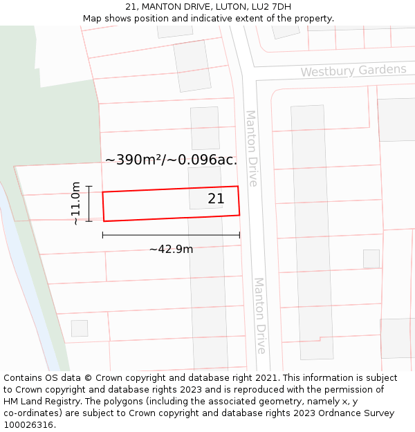 21, MANTON DRIVE, LUTON, LU2 7DH: Plot and title map