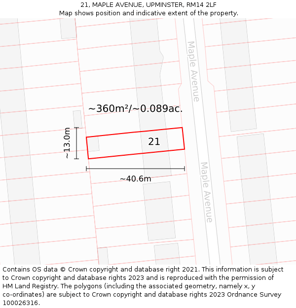 21, MAPLE AVENUE, UPMINSTER, RM14 2LF: Plot and title map