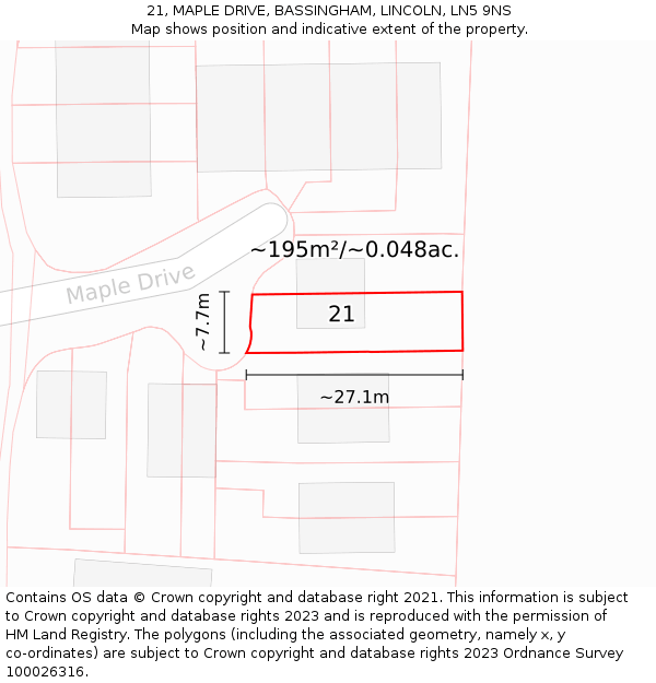 21, MAPLE DRIVE, BASSINGHAM, LINCOLN, LN5 9NS: Plot and title map