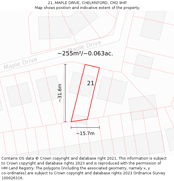 21, MAPLE DRIVE, CHELMSFORD, CM2 9HP: Plot and title map