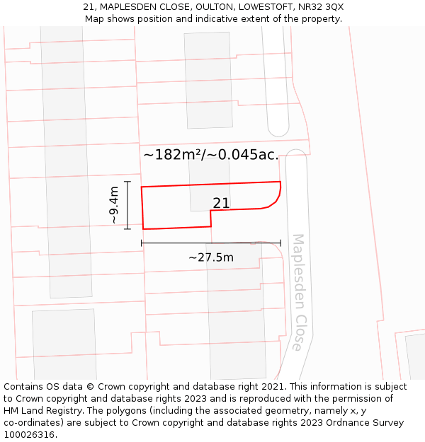 21, MAPLESDEN CLOSE, OULTON, LOWESTOFT, NR32 3QX: Plot and title map