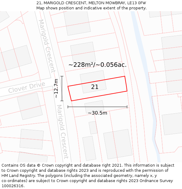 21, MARIGOLD CRESCENT, MELTON MOWBRAY, LE13 0FW: Plot and title map