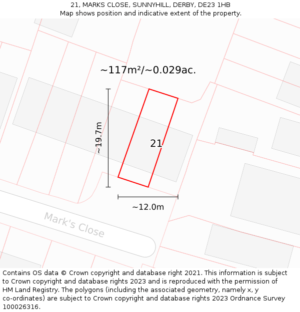 21, MARKS CLOSE, SUNNYHILL, DERBY, DE23 1HB: Plot and title map
