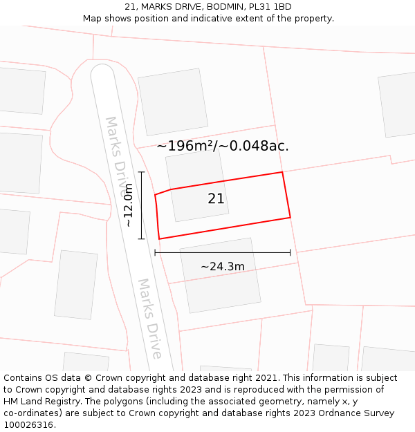 21, MARKS DRIVE, BODMIN, PL31 1BD: Plot and title map
