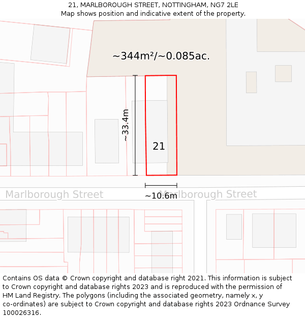 21, MARLBOROUGH STREET, NOTTINGHAM, NG7 2LE: Plot and title map