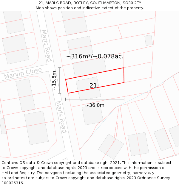 21, MARLS ROAD, BOTLEY, SOUTHAMPTON, SO30 2EY: Plot and title map