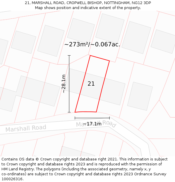 21, MARSHALL ROAD, CROPWELL BISHOP, NOTTINGHAM, NG12 3DP: Plot and title map