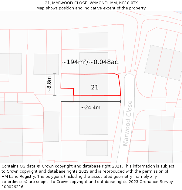 21, MARWOOD CLOSE, WYMONDHAM, NR18 0TX: Plot and title map