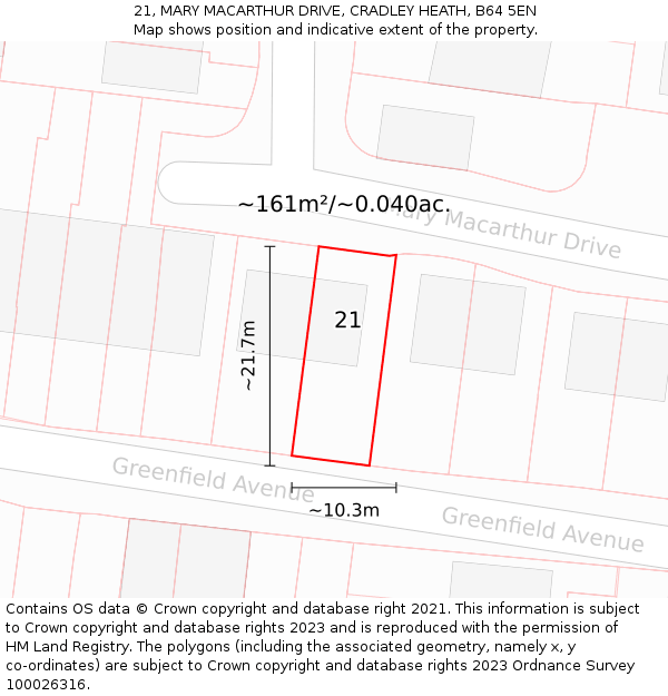 21, MARY MACARTHUR DRIVE, CRADLEY HEATH, B64 5EN: Plot and title map