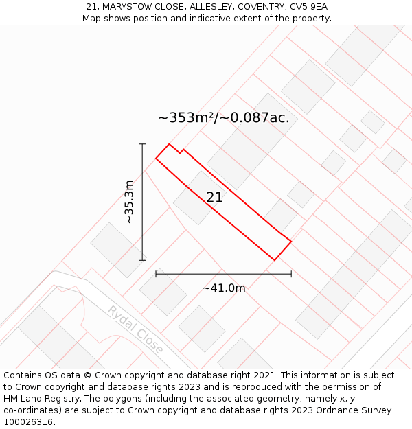 21, MARYSTOW CLOSE, ALLESLEY, COVENTRY, CV5 9EA: Plot and title map