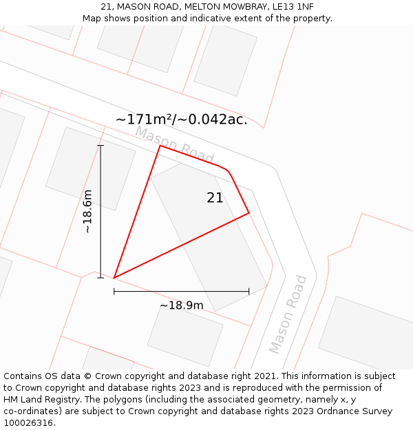 21, MASON ROAD, MELTON MOWBRAY, LE13 1NF: Plot and title map