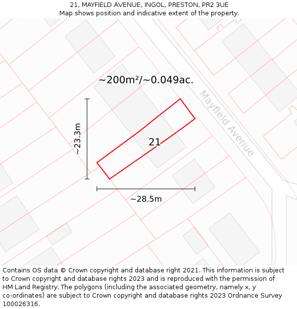 21, MAYFIELD AVENUE, INGOL, PRESTON, PR2 3UE: Plot and title map