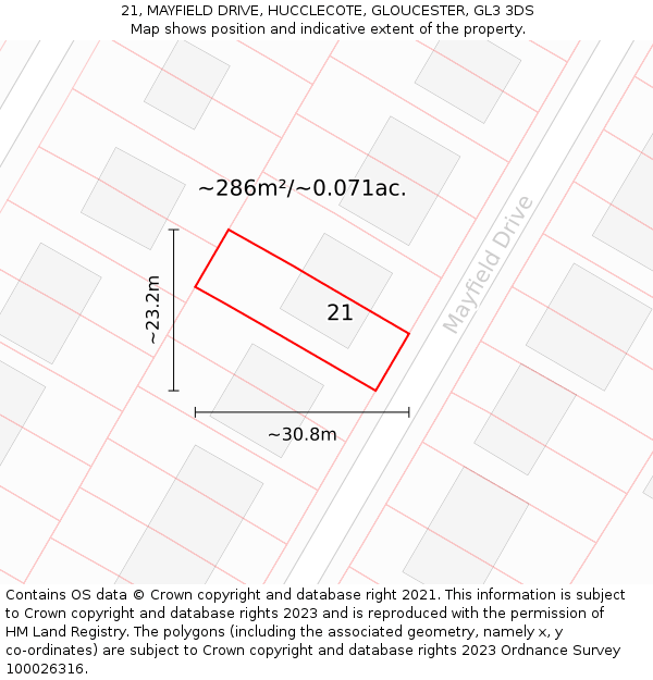 21, MAYFIELD DRIVE, HUCCLECOTE, GLOUCESTER, GL3 3DS: Plot and title map