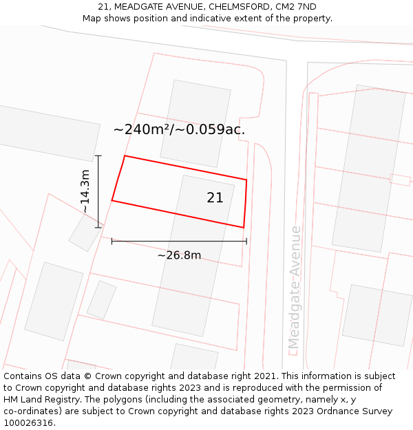 21, MEADGATE AVENUE, CHELMSFORD, CM2 7ND: Plot and title map