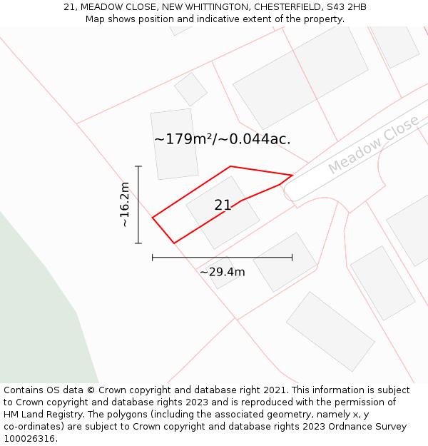 21, MEADOW CLOSE, NEW WHITTINGTON, CHESTERFIELD, S43 2HB: Plot and title map