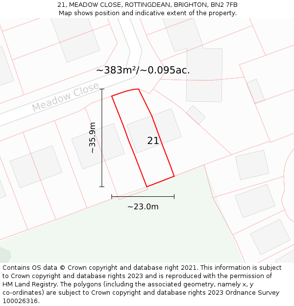 21, MEADOW CLOSE, ROTTINGDEAN, BRIGHTON, BN2 7FB: Plot and title map