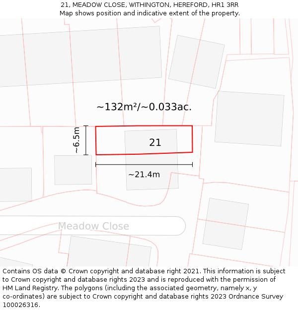 21, MEADOW CLOSE, WITHINGTON, HEREFORD, HR1 3RR: Plot and title map