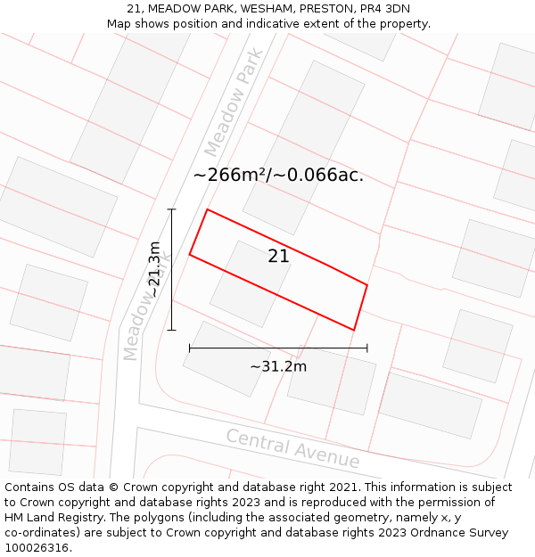 21, MEADOW PARK, WESHAM, PRESTON, PR4 3DN: Plot and title map