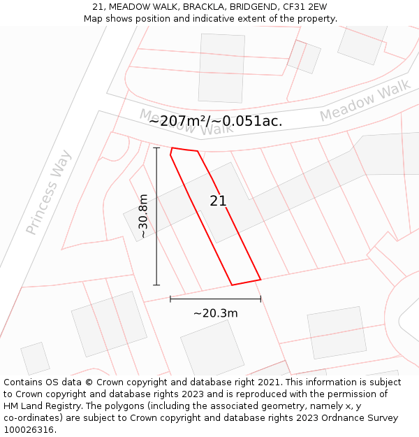 21, MEADOW WALK, BRACKLA, BRIDGEND, CF31 2EW: Plot and title map
