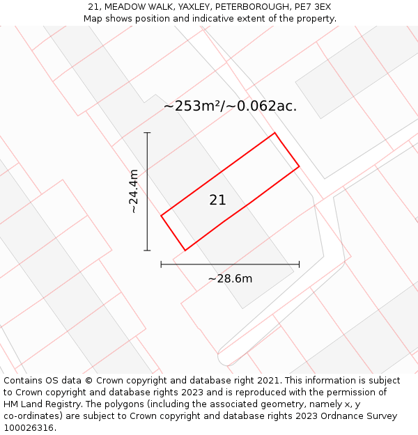 21, MEADOW WALK, YAXLEY, PETERBOROUGH, PE7 3EX: Plot and title map
