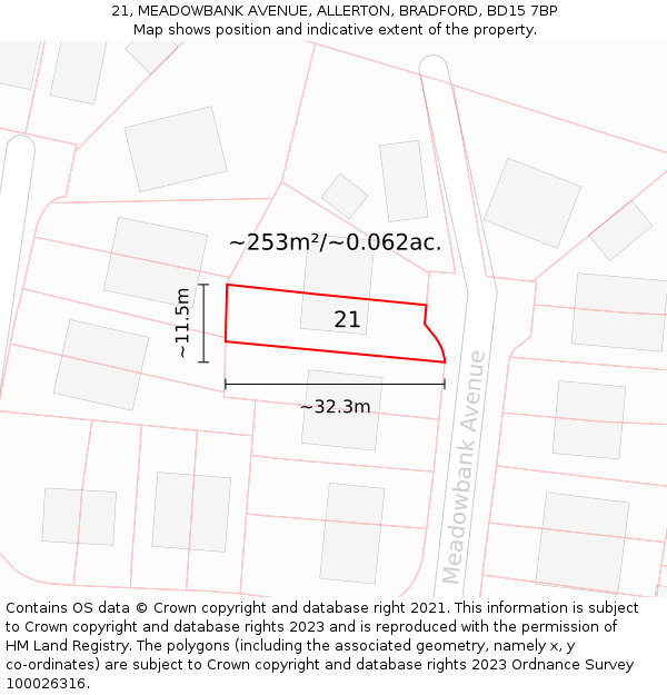21, MEADOWBANK AVENUE, ALLERTON, BRADFORD, BD15 7BP: Plot and title map