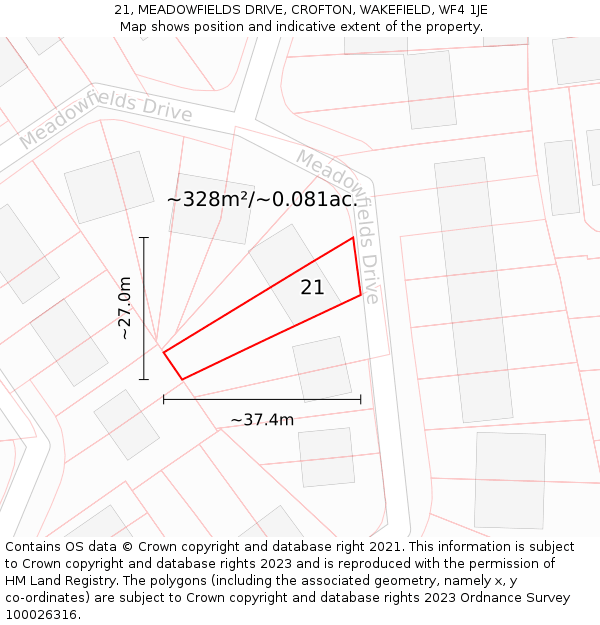 21, MEADOWFIELDS DRIVE, CROFTON, WAKEFIELD, WF4 1JE: Plot and title map