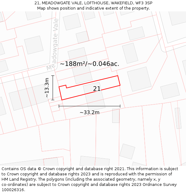 21, MEADOWGATE VALE, LOFTHOUSE, WAKEFIELD, WF3 3SP: Plot and title map