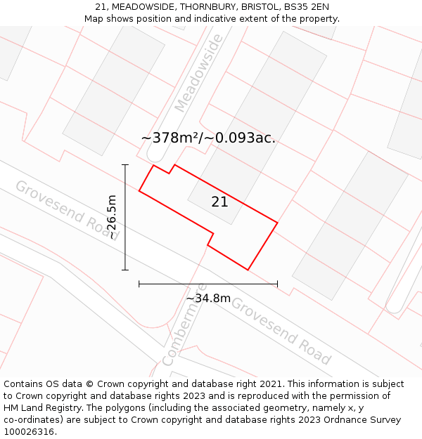 21, MEADOWSIDE, THORNBURY, BRISTOL, BS35 2EN: Plot and title map