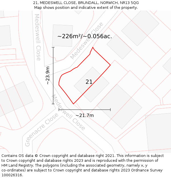 21, MEDESWELL CLOSE, BRUNDALL, NORWICH, NR13 5QG: Plot and title map
