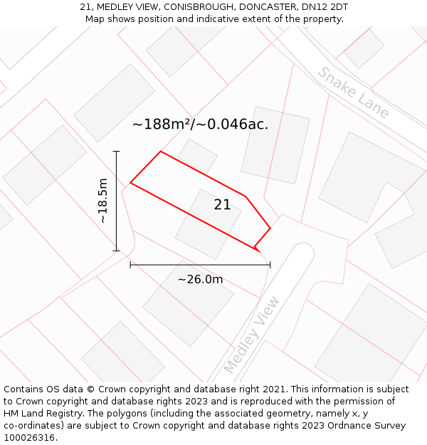 21, MEDLEY VIEW, CONISBROUGH, DONCASTER, DN12 2DT: Plot and title map