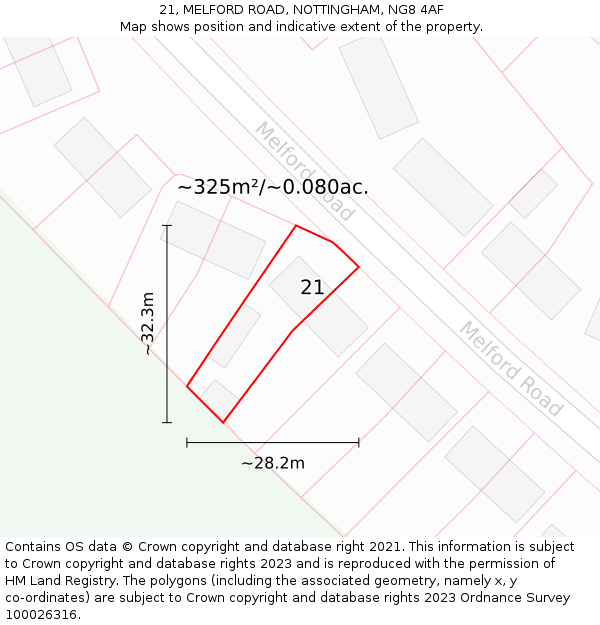 21, MELFORD ROAD, NOTTINGHAM, NG8 4AF: Plot and title map