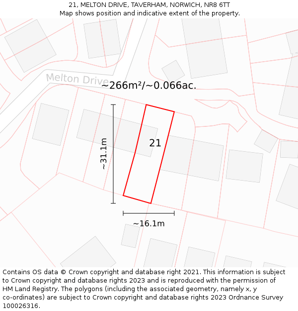 21, MELTON DRIVE, TAVERHAM, NORWICH, NR8 6TT: Plot and title map