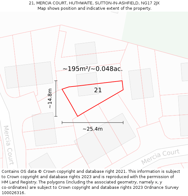 21, MERCIA COURT, HUTHWAITE, SUTTON-IN-ASHFIELD, NG17 2JX: Plot and title map