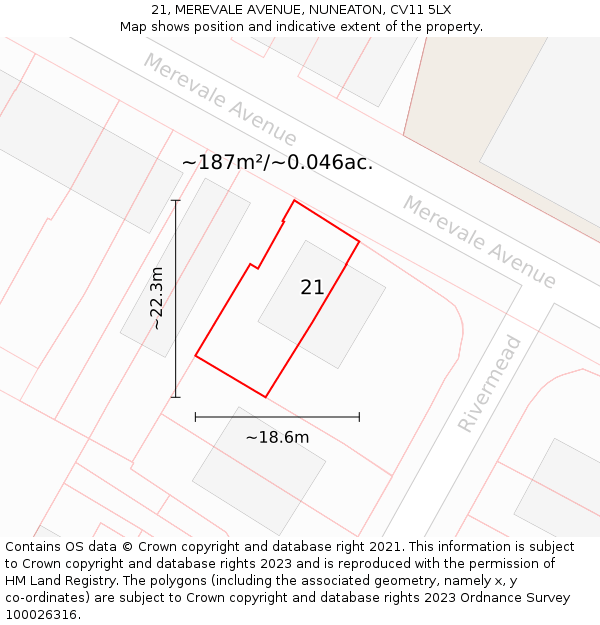 21, MEREVALE AVENUE, NUNEATON, CV11 5LX: Plot and title map