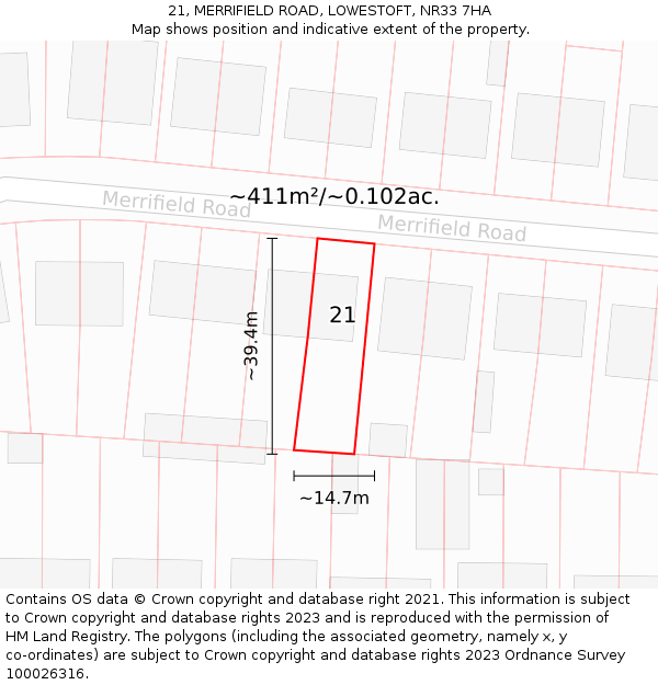 21, MERRIFIELD ROAD, LOWESTOFT, NR33 7HA: Plot and title map