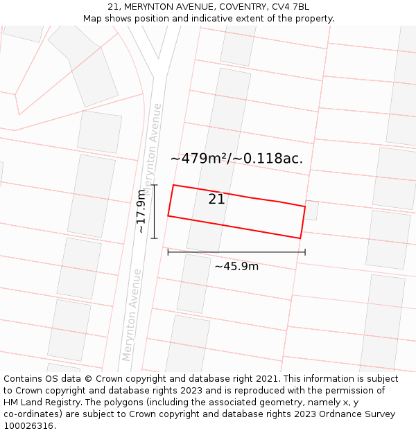 21, MERYNTON AVENUE, COVENTRY, CV4 7BL: Plot and title map