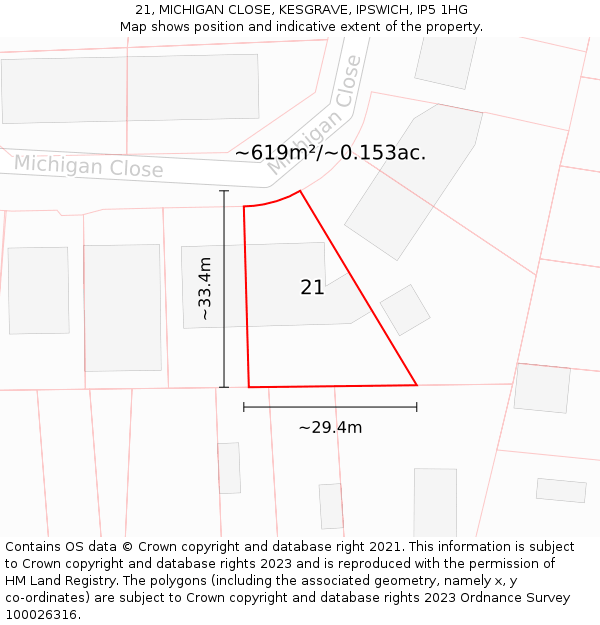 21, MICHIGAN CLOSE, KESGRAVE, IPSWICH, IP5 1HG: Plot and title map