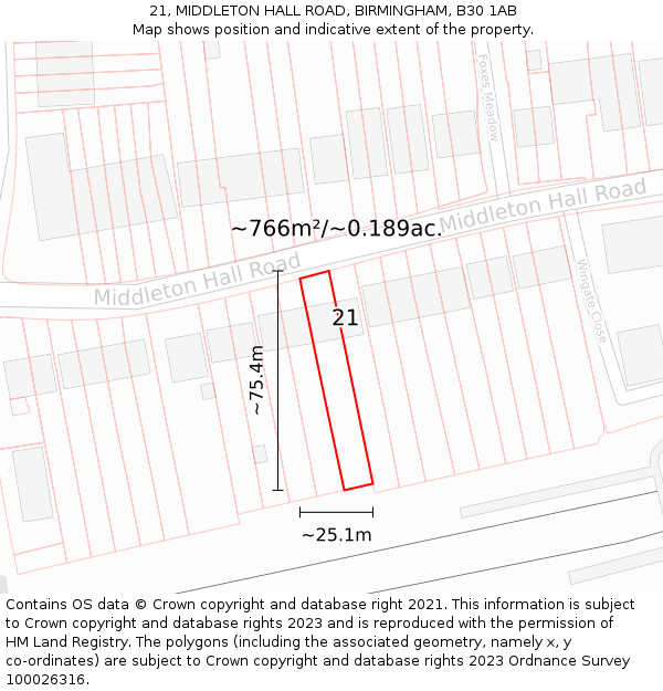 21, MIDDLETON HALL ROAD, BIRMINGHAM, B30 1AB: Plot and title map