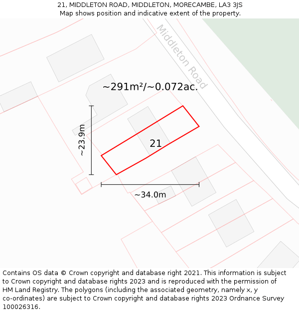 21, MIDDLETON ROAD, MIDDLETON, MORECAMBE, LA3 3JS: Plot and title map