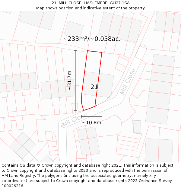 21, MILL CLOSE, HASLEMERE, GU27 1SA: Plot and title map