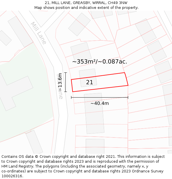 21, MILL LANE, GREASBY, WIRRAL, CH49 3NW: Plot and title map
