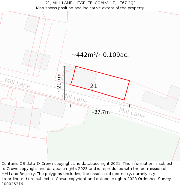 21, MILL LANE, HEATHER, COALVILLE, LE67 2QF: Plot and title map