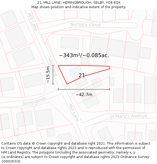 21, MILL LANE, HEMINGBROUGH, SELBY, YO8 6QX: Plot and title map