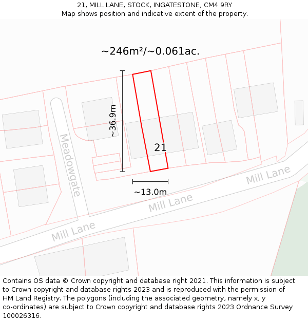 21, MILL LANE, STOCK, INGATESTONE, CM4 9RY: Plot and title map