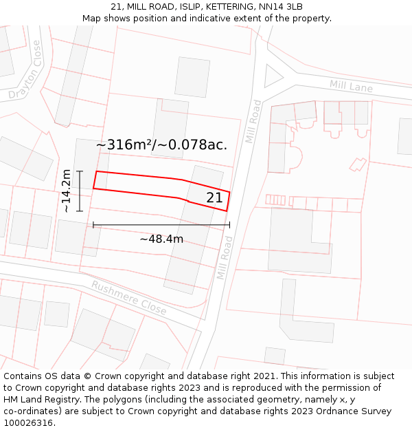 21, MILL ROAD, ISLIP, KETTERING, NN14 3LB: Plot and title map