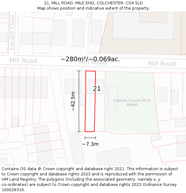 21, MILL ROAD, MILE END, COLCHESTER, CO4 5LD: Plot and title map